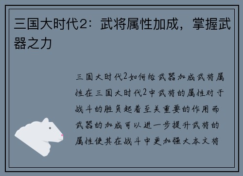 三国大时代2：武将属性加成，掌握武器之力